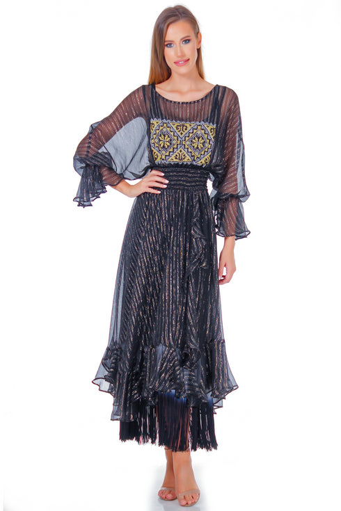 Rochie matase neagra cu broderie ID-8